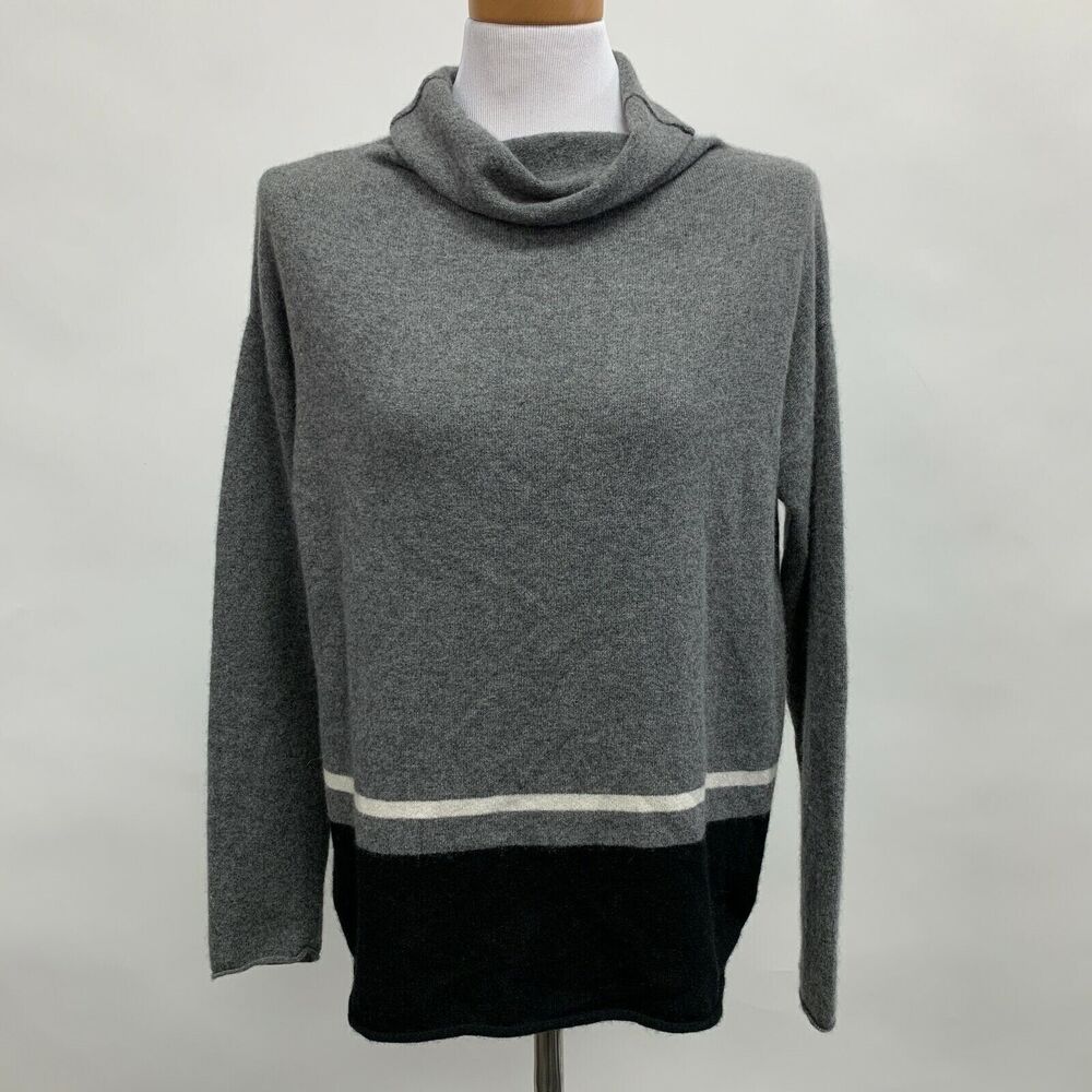 360 Cashmere Women's Sweater Medium Gray Black White 100% Cashmere Cowl‎ Neck